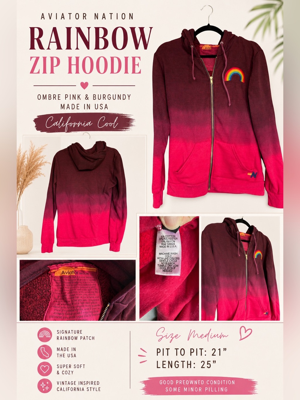 Aviator Nation Rainbow Zip Hoodie Sweatshirt Ombre Pink Burgundy USA Made M